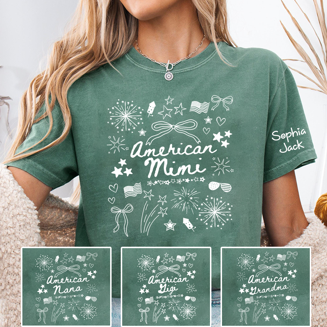 Personalized American Mimi T-Shirt Custom Family Nickname Shirt with Firework Design for 4th of July, Gifts for Mother's Day, Birthday