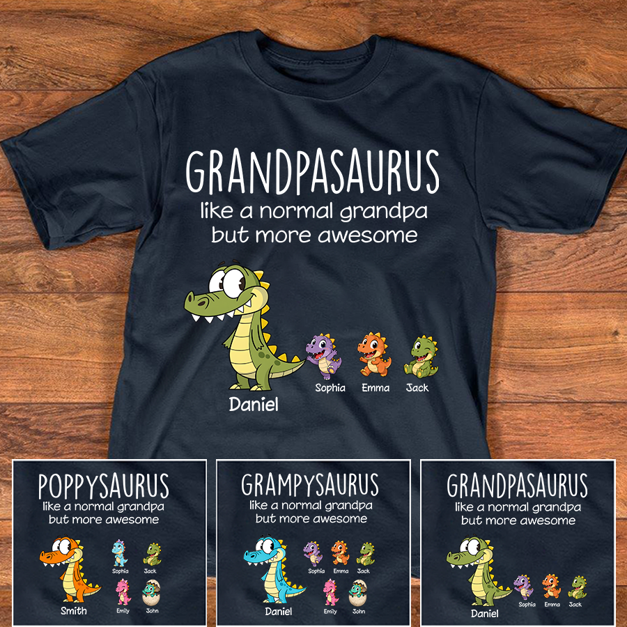 Personalized Grandpasaurus Dinosaur Shirt with Custom Kids Names, Funny Grandpa Family T Shirt for Papa Grandfather, Father's Day Birthday Gift