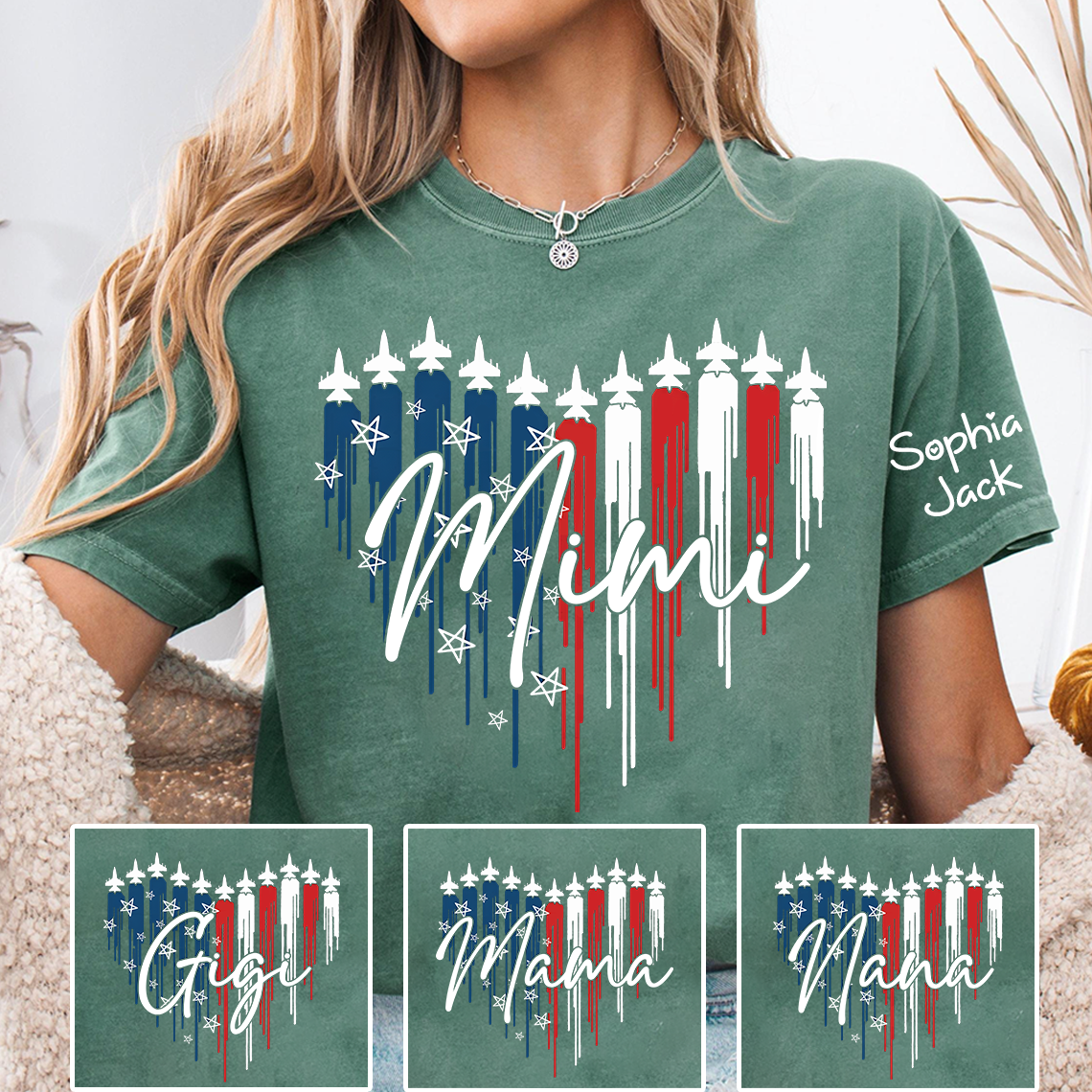 Personalized Mimi Patriotic Jet Heart USA Graphic Tee, Custom Family Nickname Shirt  for 4th of July, Gifts for Mother's Day, Birthday