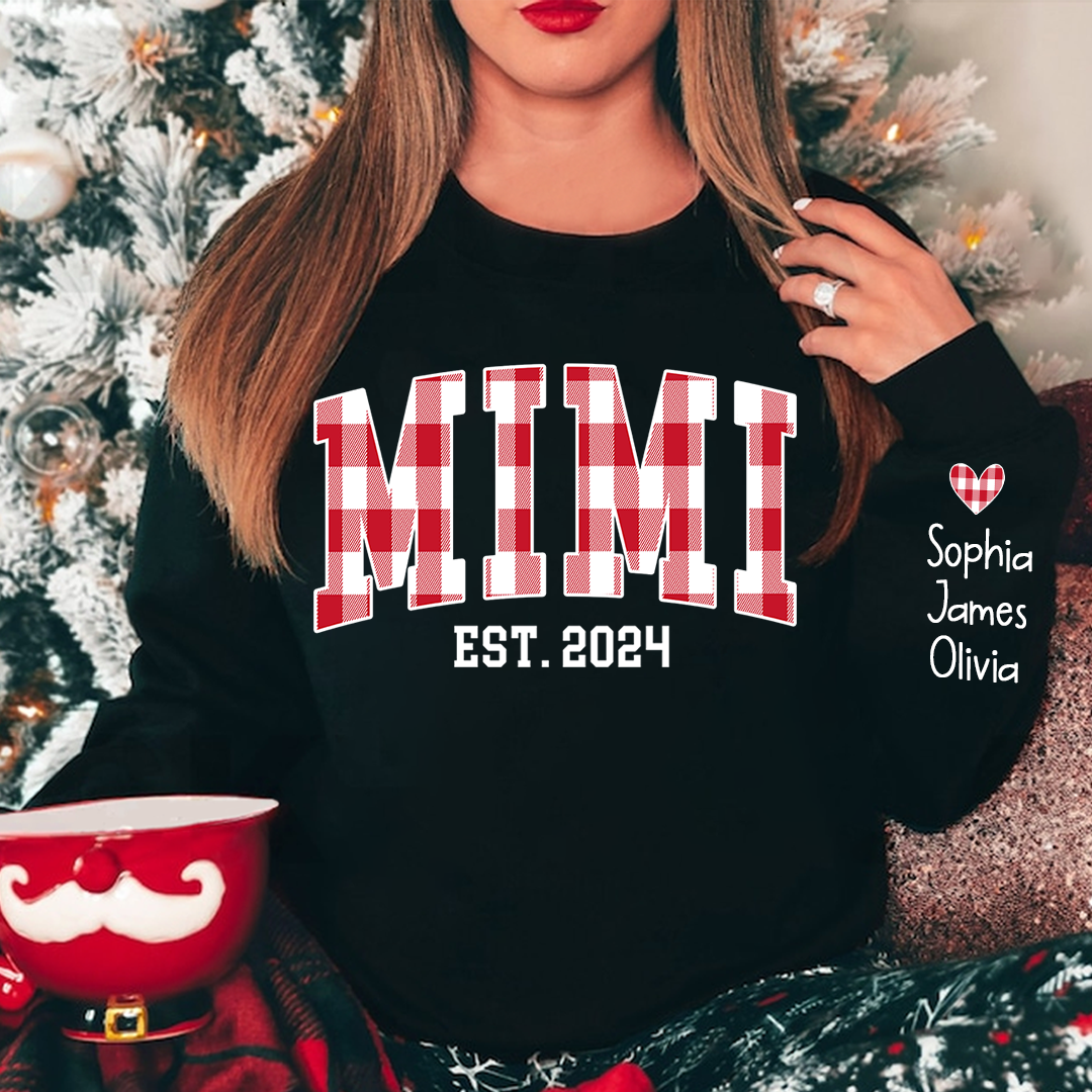 Personalized Nickname Mimi Buffalo Plaid And GrandKids Names Christmas 2024 Sweatshirt