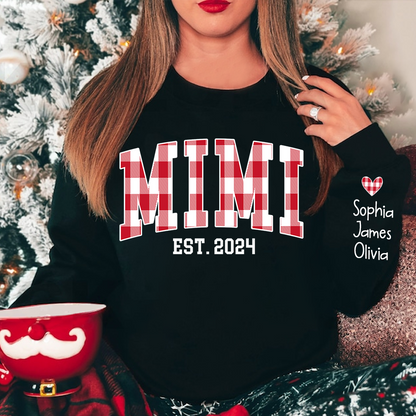 Personalized Nickname Mimi Buffalo Plaid And GrandKids Names Christmas 2024 Sweatshirt