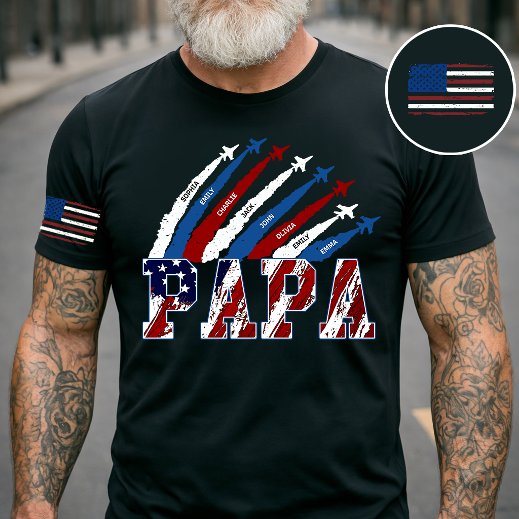 Personalized Papa Airplane Shirt, Custom Kids Names Patriotic T Shirt for Papa, 4th of July American Flag Family Gift