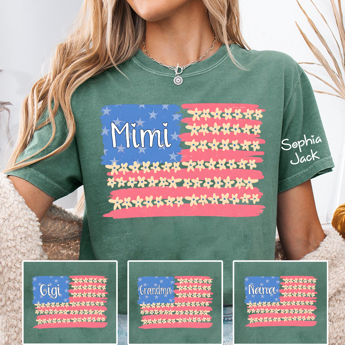 Personalized Mimi Flag Flower American T-shirt , Personalized Mimi Gigi Grandma Nana Shirt for 4th of July, Mother's Day, Birthday Gift, Custom Family Names