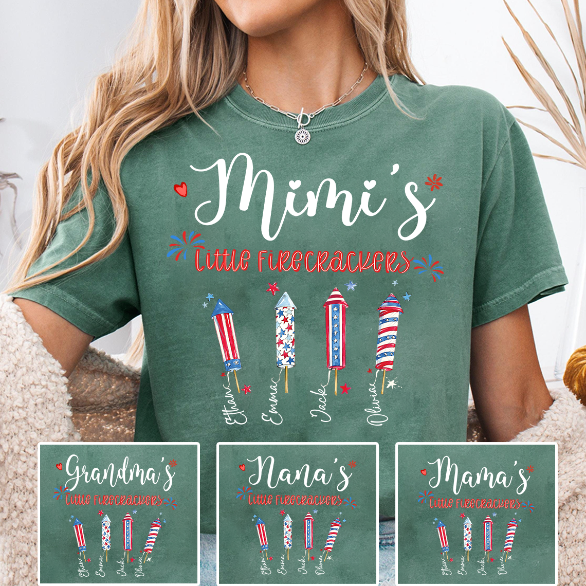 Personalized Mimi's Little Firecrackers T-shirt with Patriotic Fireworks Design, Grandma Gigi Mama Mimi Shirt for 4th of July, Patriotic Gift for Mother's Day