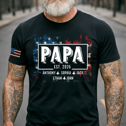 Personalized Papa EST Shirt Custom Kids Names Patriotic American Flag Design, First Time Dad Gift for Grandpa Father Birthday Fathers Day
