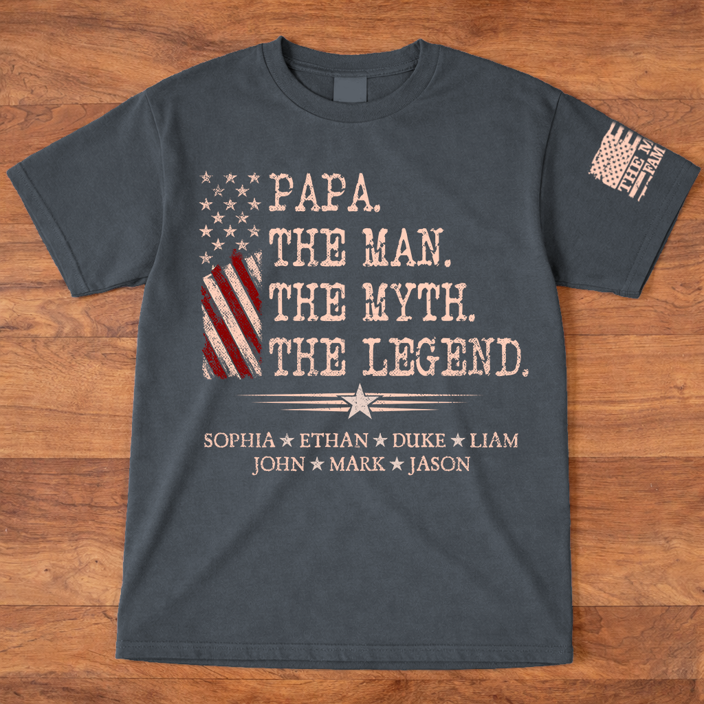 Custom Papa Shirt The Man The Myth The Legend with Kids Names, Vintage American Flag Dad Tee, Patriotic Gift for Father