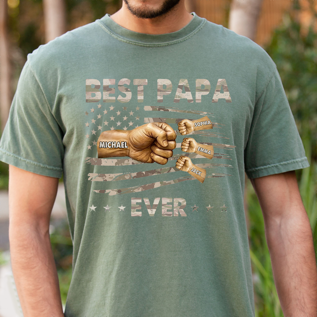 Personalized Best Papa Ever Shirt, Custom Fist Bump Family Names Tee for Papa Grandpa Dad, Patriotic American Flag Fathers Day Shirt
