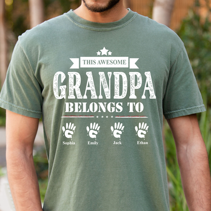 This Awesome Grandpa Belongs to Kids Shirt, Personalized Papa Tee with Kids Names, Patriotic Dad Shirt, Custom Grandpa Gift, 4th of July Family Shirt