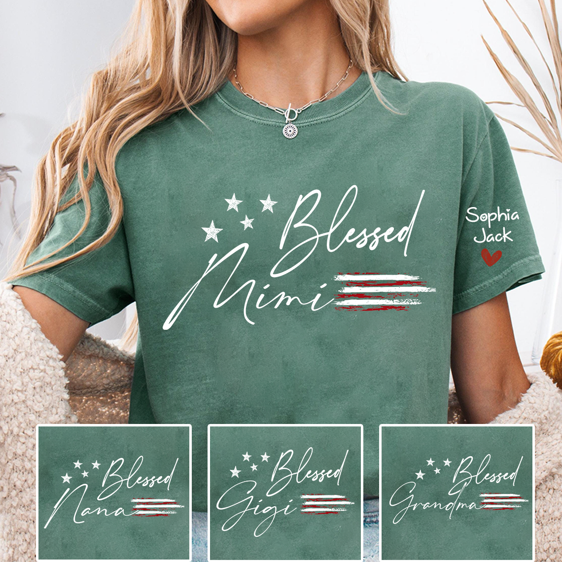 Personalized Blessed Mimi Flag American T-shirt, Custom Family Nickname Shirt with USA Flag Design for 4th of July, Perfect for Nana, Gigi, Grandma