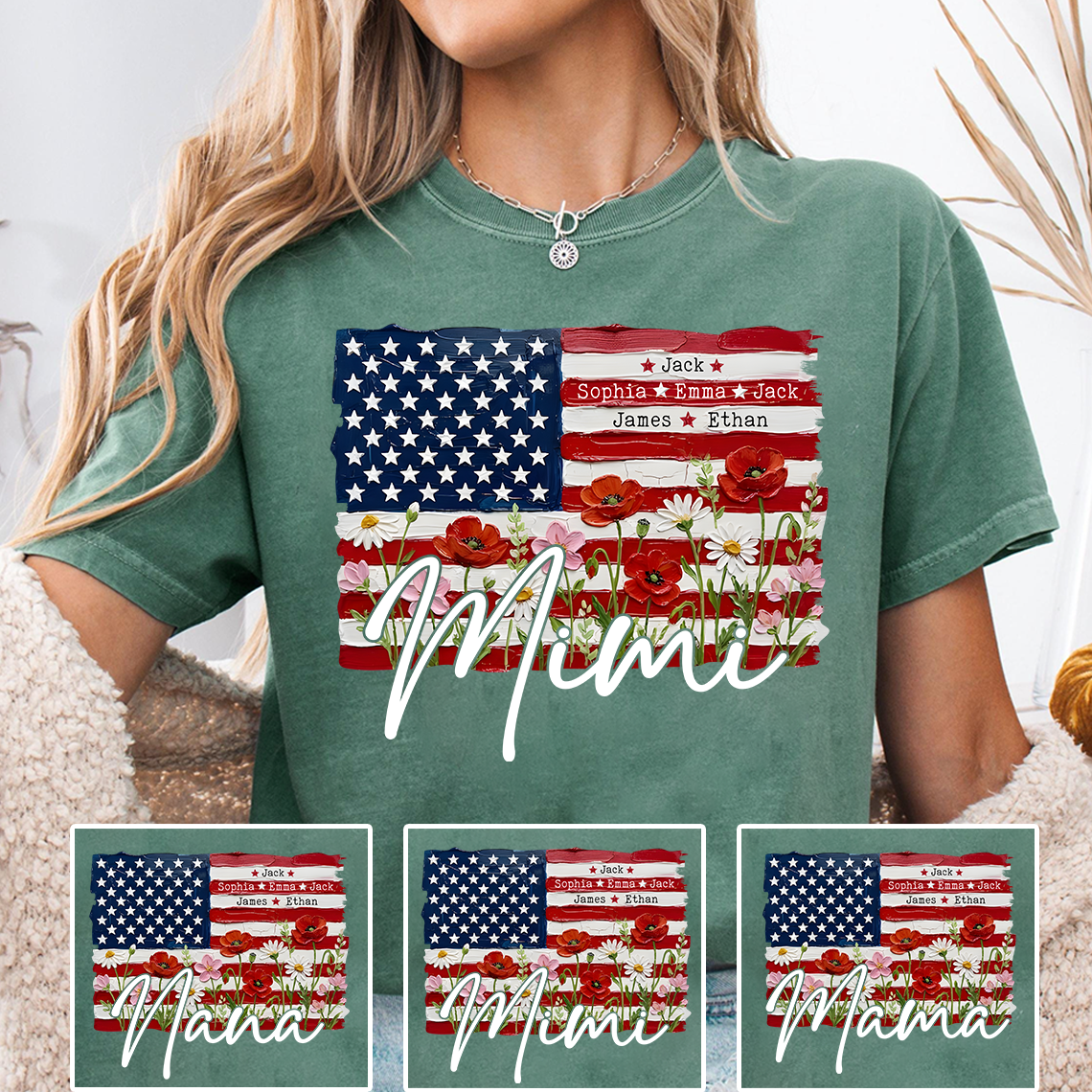 Personalized Patriotic USA Flag Floral Mimi T-shirt, Custom Family Names T Shirt, Perfect for Nana, Gigi, Grandma