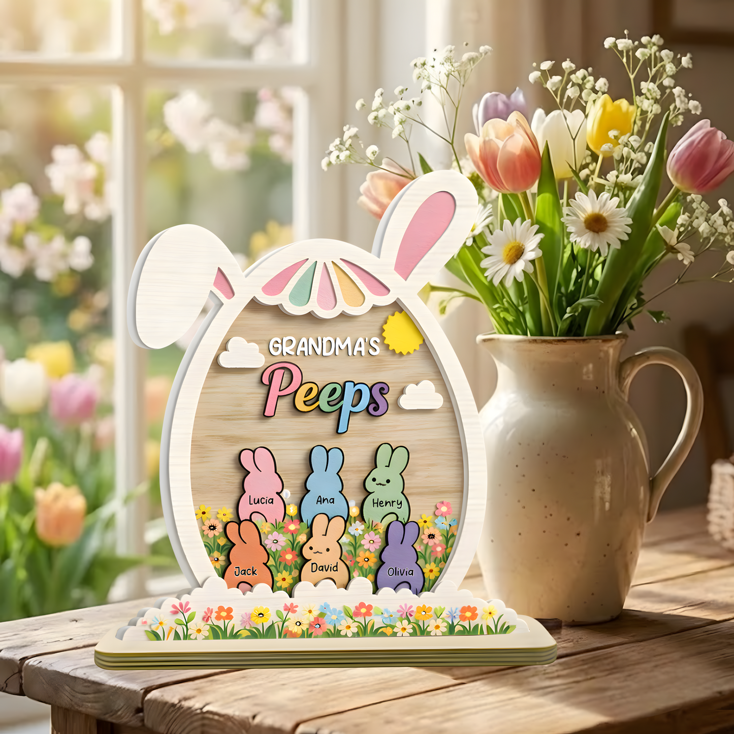 Personalized Easter 2-Layer Wooden Plaque - Custom Family Name Spring Decor for Grandma