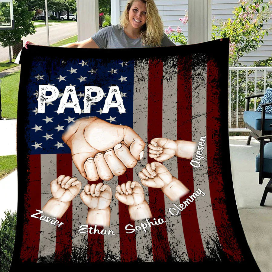 Personalized Papa Fist Bump With Kids American Flag Blanket, Custom Papa Throw Blanket, Father's Day Birthday BLanket