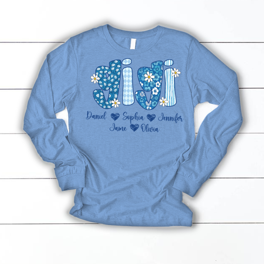 Blue Floral Gigi Personalized Grandma Gift with Grandkids Names Shirt