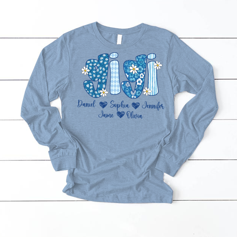 Blue Floral Gigi Personalized Grandma Gift with Grandkids Names Shirt