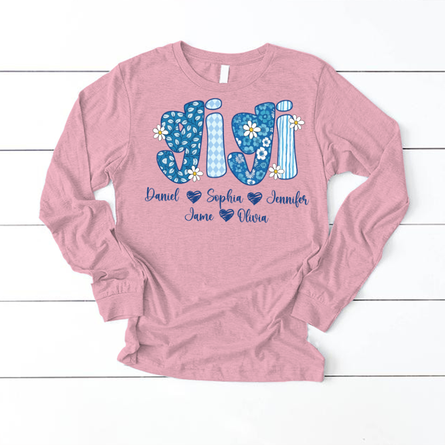Blue Floral Gigi Personalized Grandma Gift with Grandkids Names Shirt