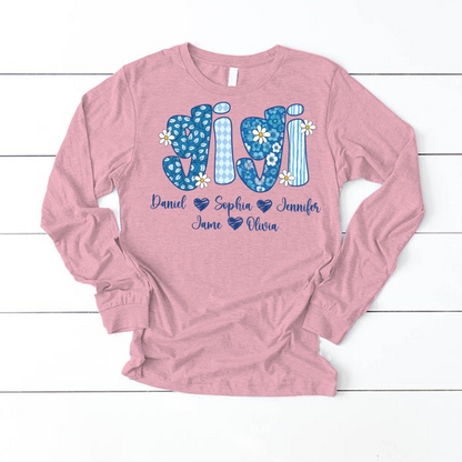 Blue Floral Gigi Personalized Grandma Gift with Grandkids Names Shirt