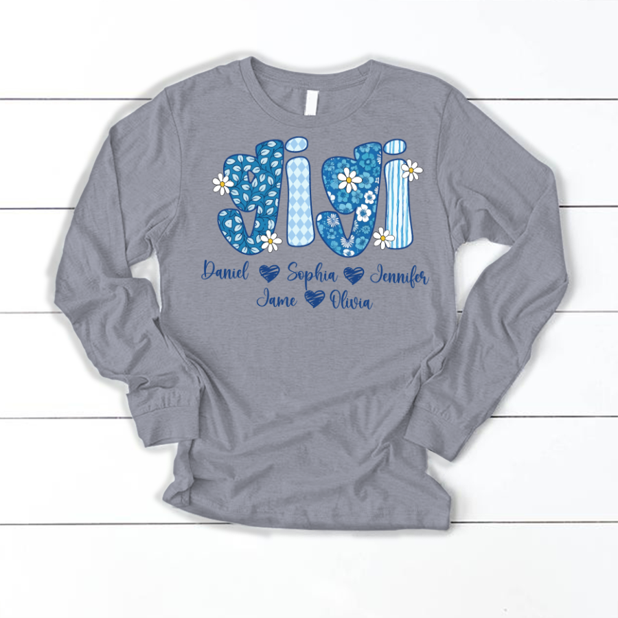 Blue Floral Gigi Personalized Grandma Gift with Grandkids Names Shirt