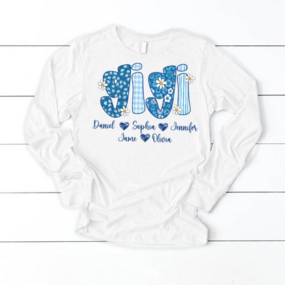 Blue Floral Gigi Personalized Grandma Gift with Grandkids Names Shirt