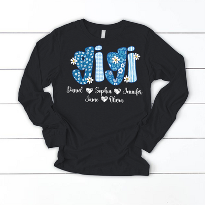 Blue Floral Gigi Personalized Grandma Gift with Grandkids Names Shirt