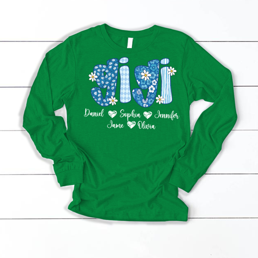 Blue Floral Gigi Personalized Grandma Gift with Grandkids Names Shirt