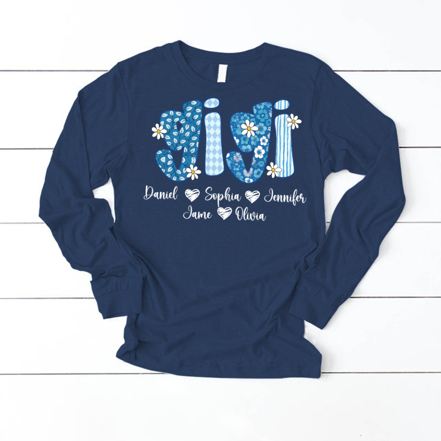 Blue Floral Gigi Personalized Grandma Gift with Grandkids Names Shirt