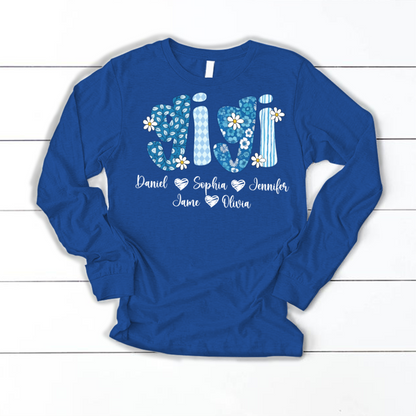 Blue Floral Gigi Personalized Grandma Gift with Grandkids Names Shirt
