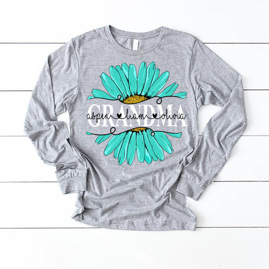 Grandma Flower Daisy Turquoise  And Grandkids Mother's Day Longsleeve