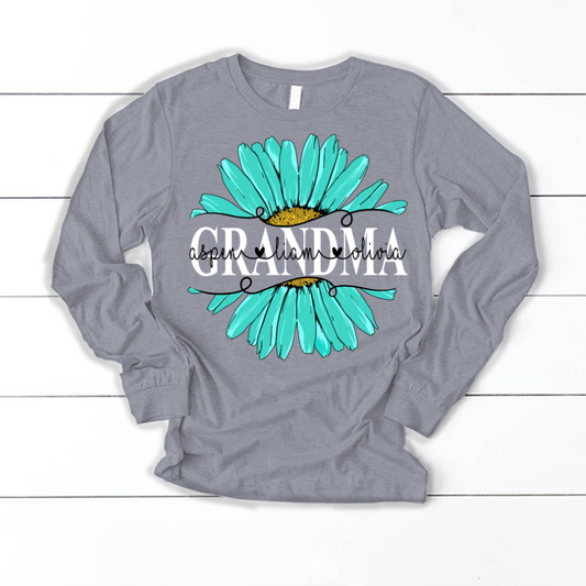 Grandma Flower Daisy Turquoise  And Grandkids Mother's Day Longsleeve