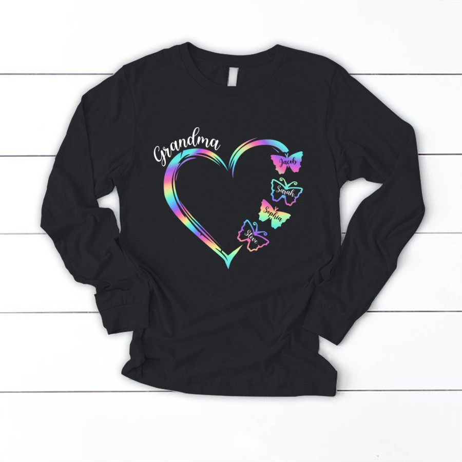 Grandma and Grandkids Hearts Rainbow Butterfly Longsleeve
