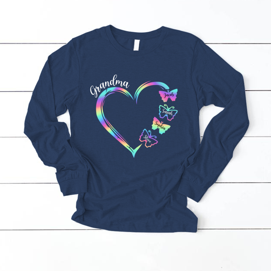 Grandma and Grandkids Hearts Rainbow Butterfly Longsleeve