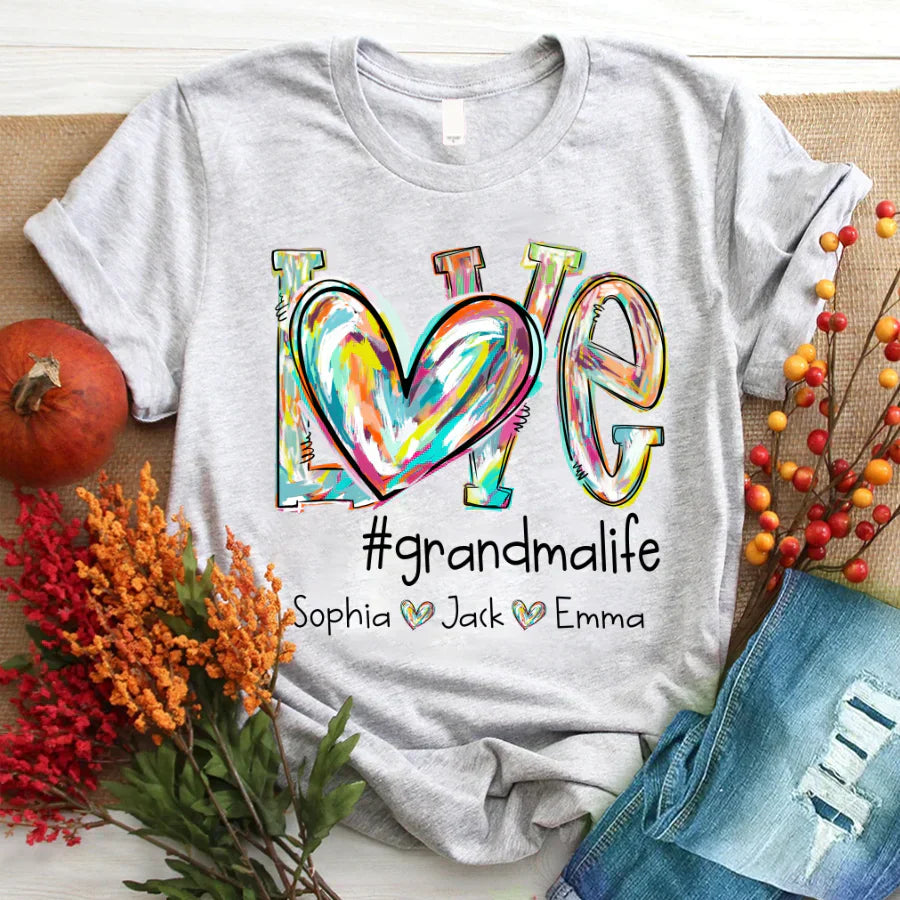 Love Grandma Life Fall Autumn Color Clipart Grandkids Name T-Shirt
