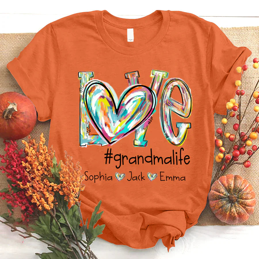 Love Grandma Life Fall Autumn Color Clipart Grandkids Name T-Shirt