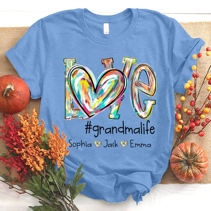 Love Grandma Life Fall Autumn Color Clipart Grandkids Name T-Shirt