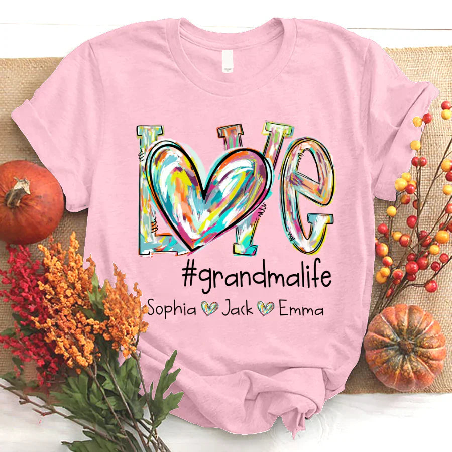 Love Grandma Life Fall Autumn Color Clipart Grandkids Name T-Shirt