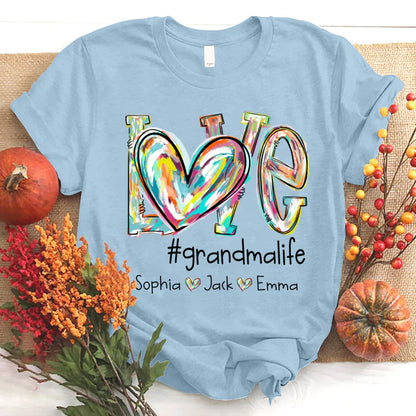 Love Grandma Life Fall Autumn Color Clipart Grandkids Name T-Shirt