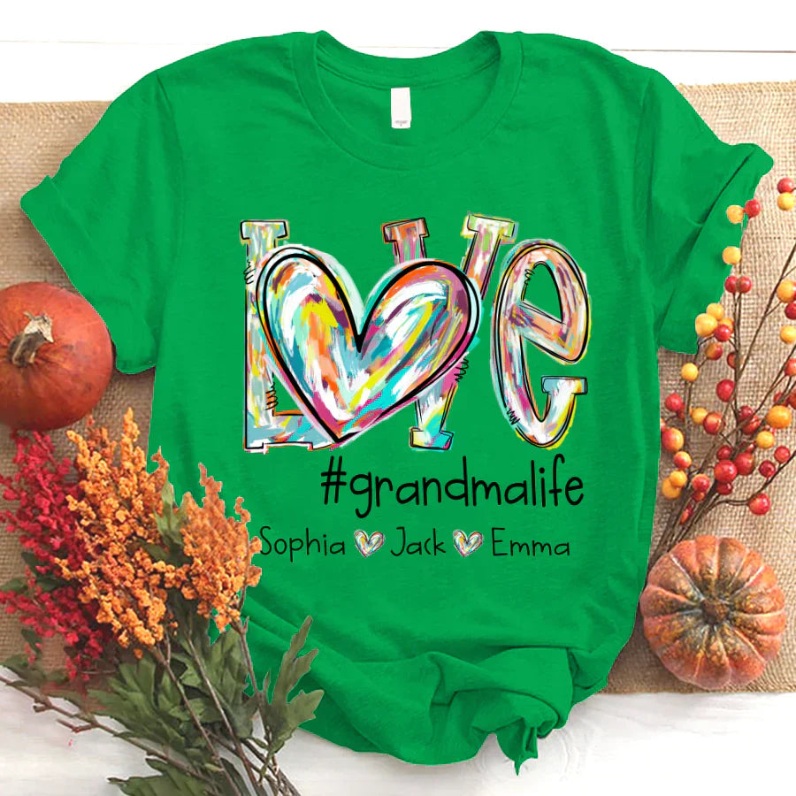Love Grandma Life Fall Autumn Color Clipart Grandkids Name T-Shirt