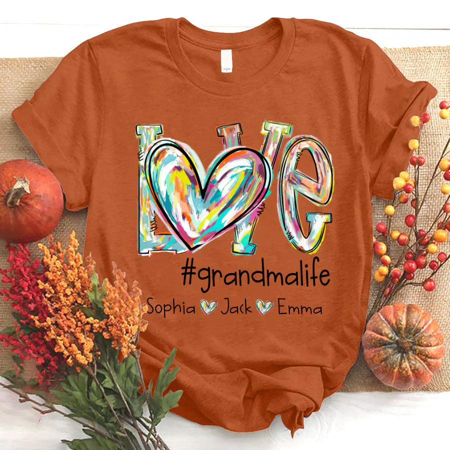 Love Grandma Life Fall Autumn Color Clipart Grandkids Name T-Shirt