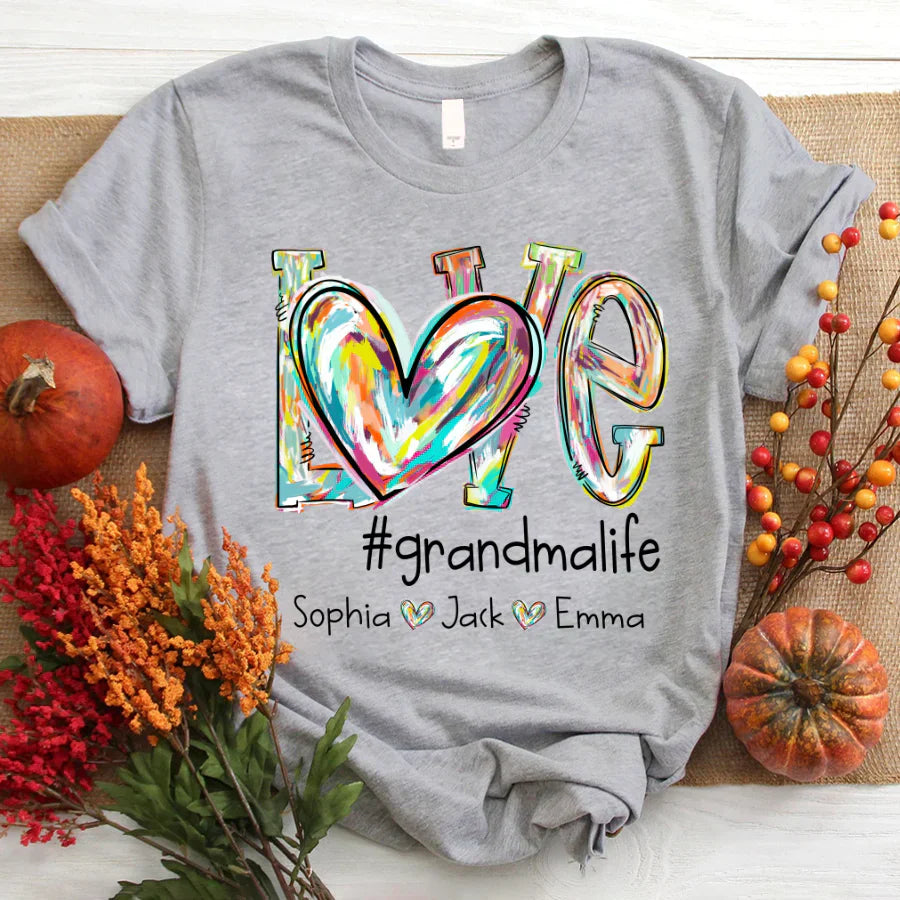 Love Grandma Life Fall Autumn Color Clipart Grandkids Name T-Shirt