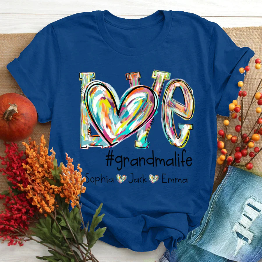 Love Grandma Life Fall Autumn Color Clipart Grandkids Name T-Shirt