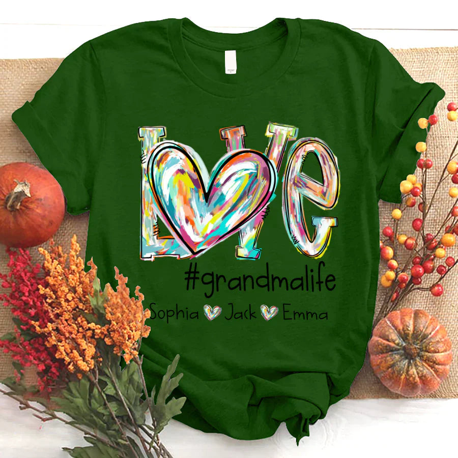 Love Grandma Life Fall Autumn Color Clipart Grandkids Name T-Shirt