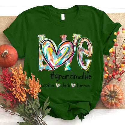 Love Grandma Life Fall Autumn Color Clipart Grandkids Name T-Shirt