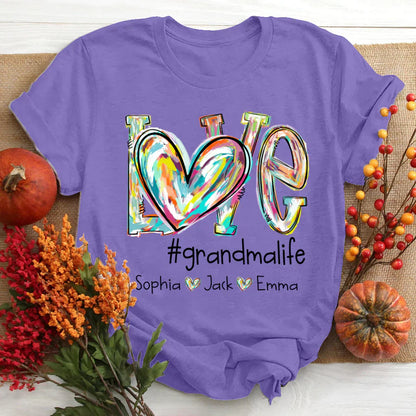 Love Grandma Life Fall Autumn Color Clipart Grandkids Name T-Shirt