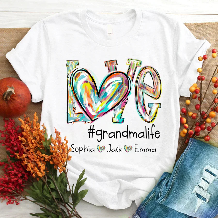 Love Grandma Life Fall Autumn Color Clipart Grandkids Name T-Shirt