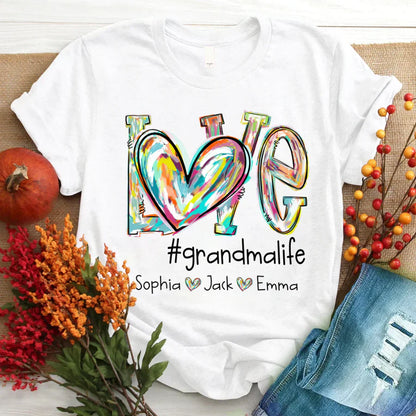 Love Grandma Life Fall Autumn Color Clipart Grandkids Name T-Shirt