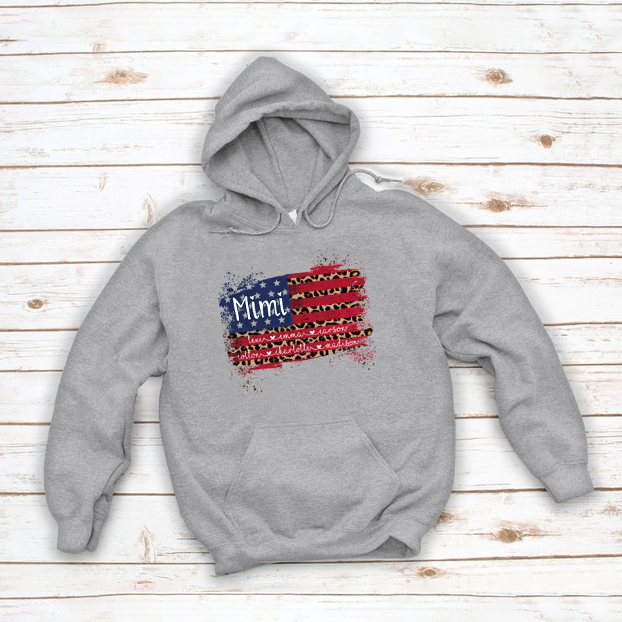 Mimi Grandma Flag Leopard American Kid Names Custom Hoodie