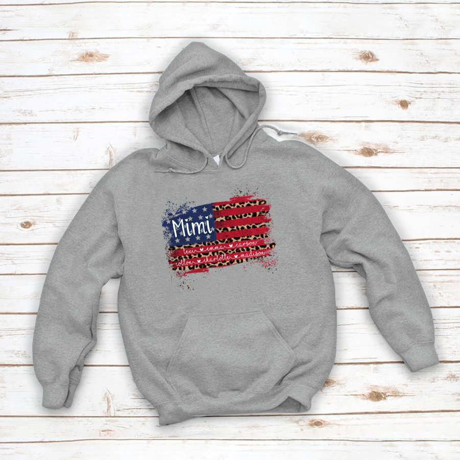 Mimi Grandma Flag Leopard American Kid Names Custom Hoodie