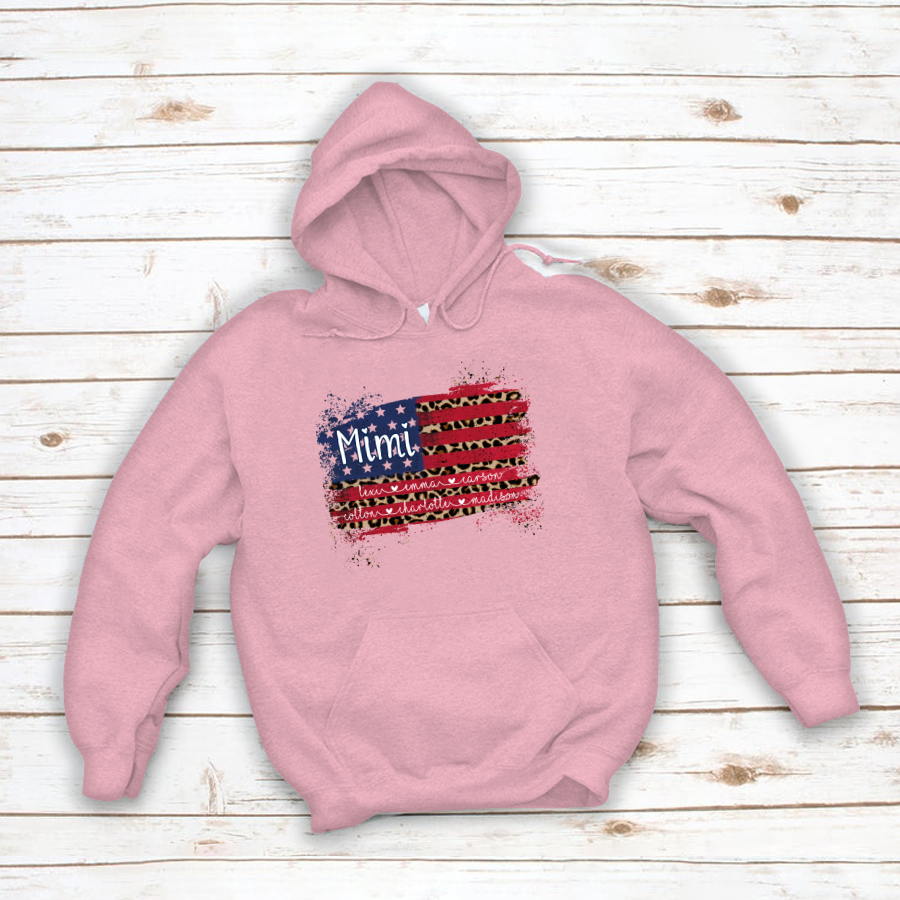 Mimi Grandma Flag Leopard American Kid Names Custom Hoodie