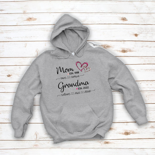 Mom Est Grandma Est And Kids Name Heart Pink Leopard Hoodie