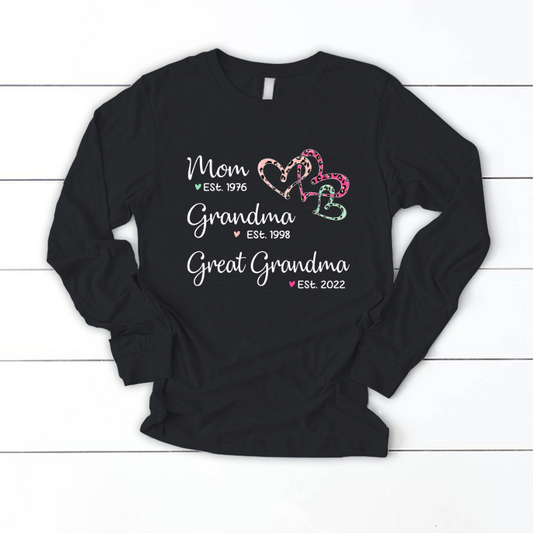 Mom Est Grandma Est Great Grandma Heart Leopard Black Longsleeve