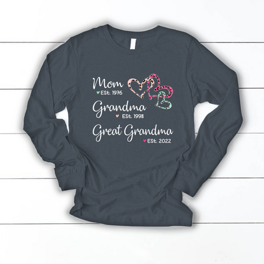 Mom Est Grandma Est Great Grandma Heart Leopard Black Longsleeve